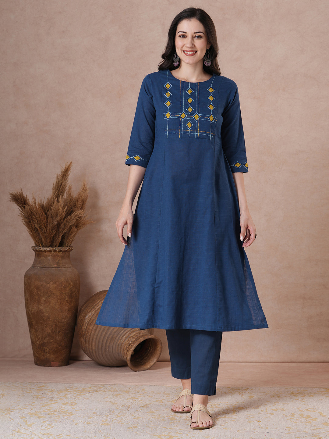 A-Line Cotton Kurta with Woven Texture, Embroidered Yoke and Geometric Applique