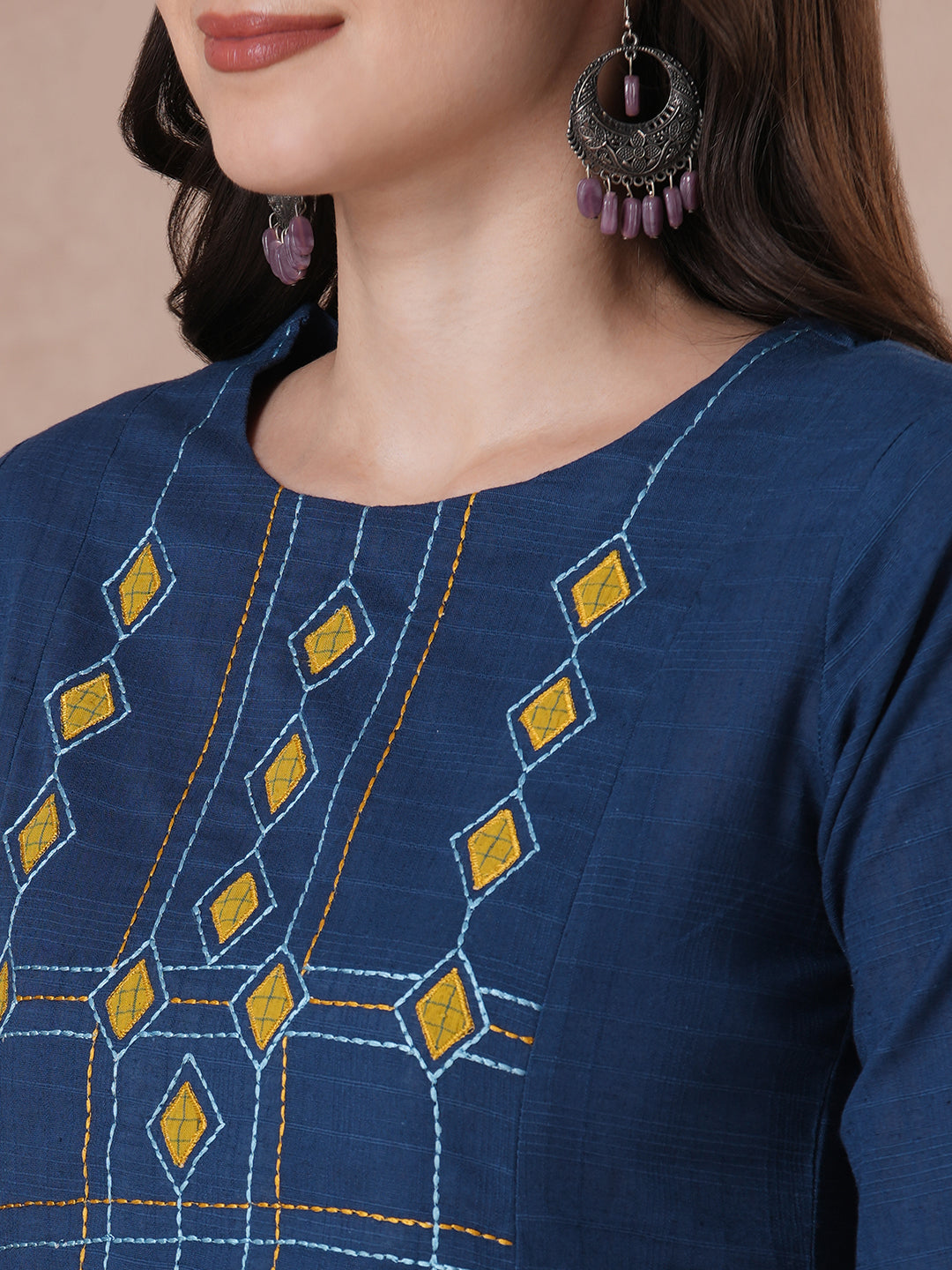 A-Line Cotton Kurta with Woven Texture, Embroidered Yoke and Geometric Applique