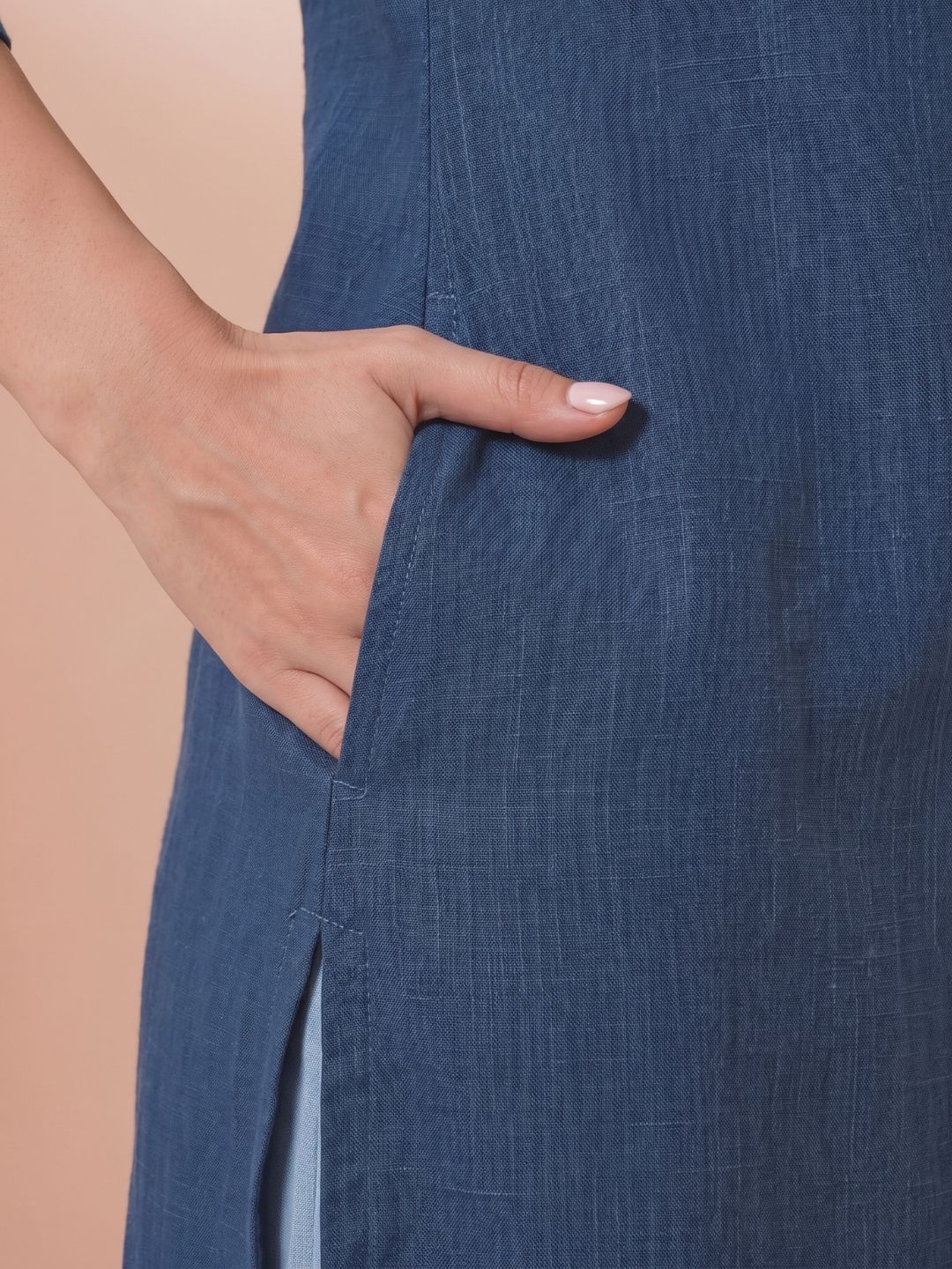 A-Line Cotton Slub Kurta with Floral Cordwork Embroidery on placket and sleeves.