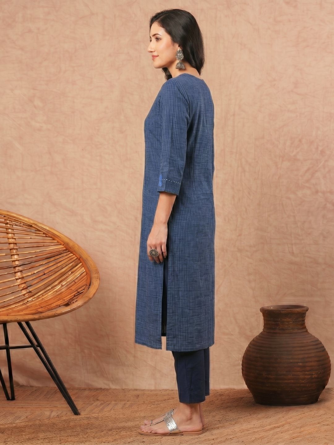 Straight Fit Cotton Striped Kurta with Floral Block Print & Sequin Detailing.