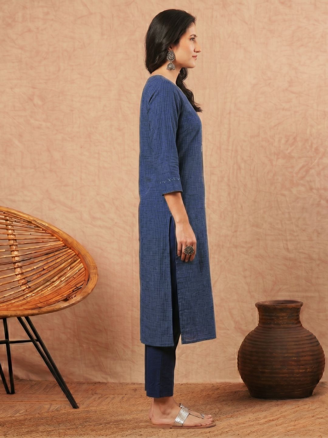 Straight Fit Cotton Striped Kurta with Floral Block Print & Sequin Detailing.