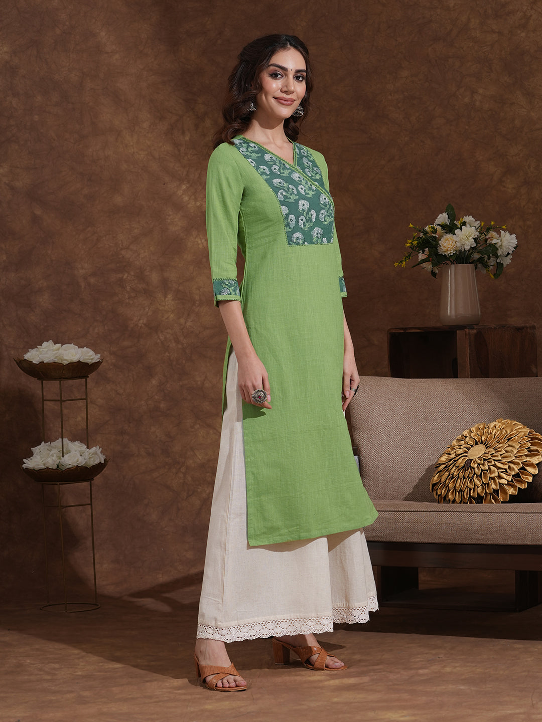 Straight fit kurta with Ajrakh overlap yoke and cuff with handwork highlight.