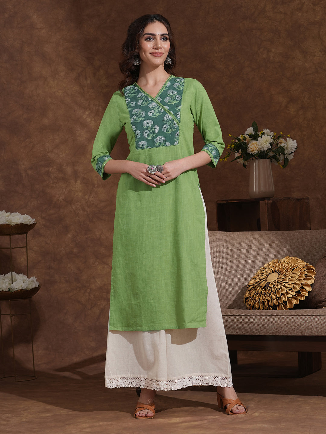 Straight fit kurta with Ajrakh overlap yoke and cuff with handwork highlight.