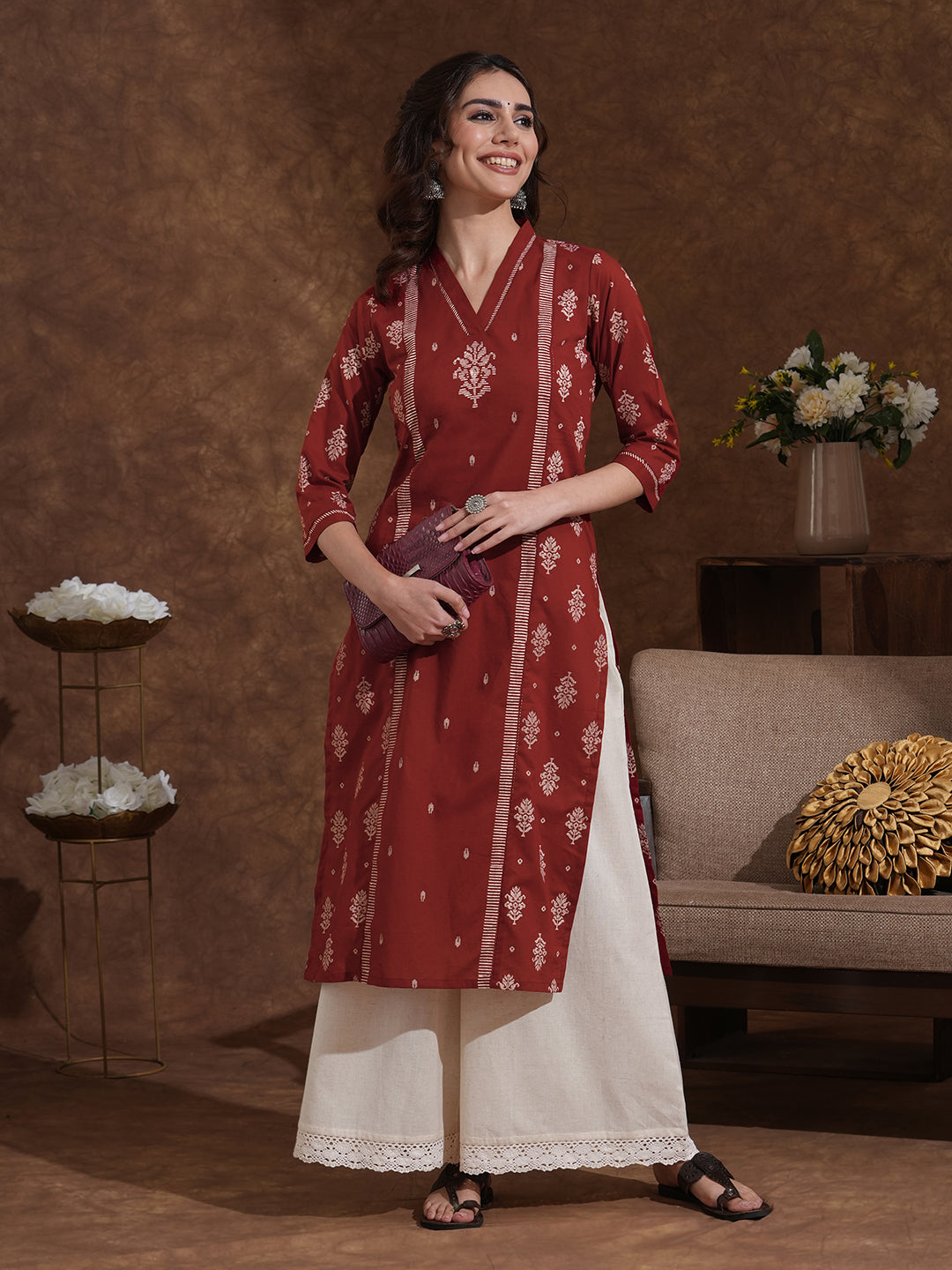 Straight fit shoulder princess kurta with block print on centre panel and sleeves.