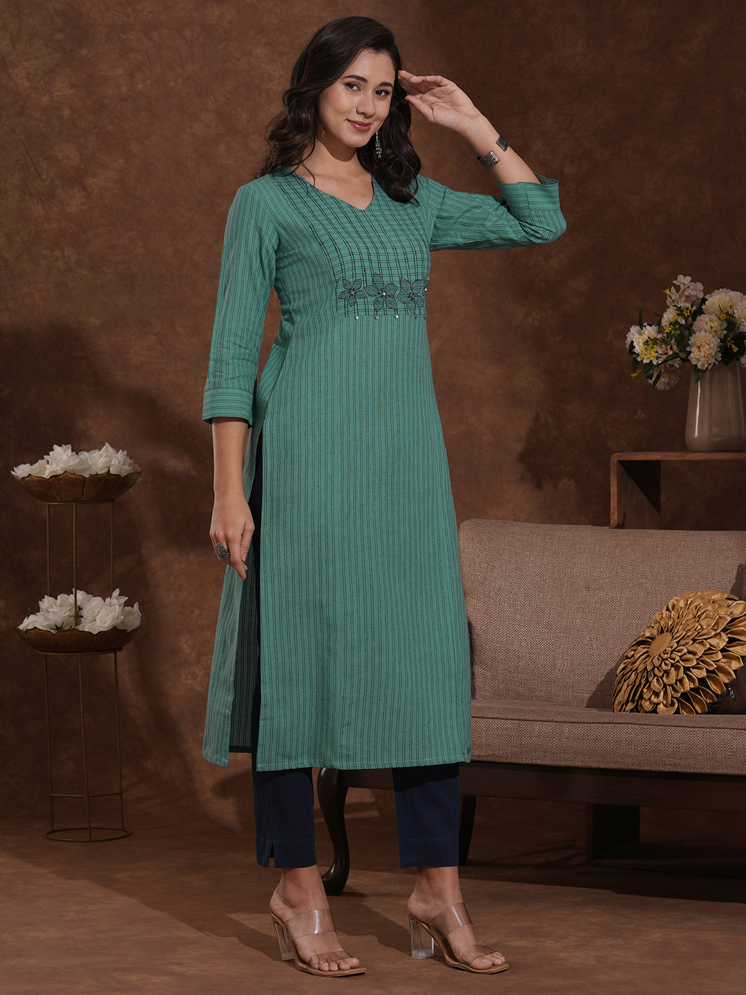 Straight Fit Cotton Dobby Striped Kurta with Princess Shoulder and Embroidered Yoke