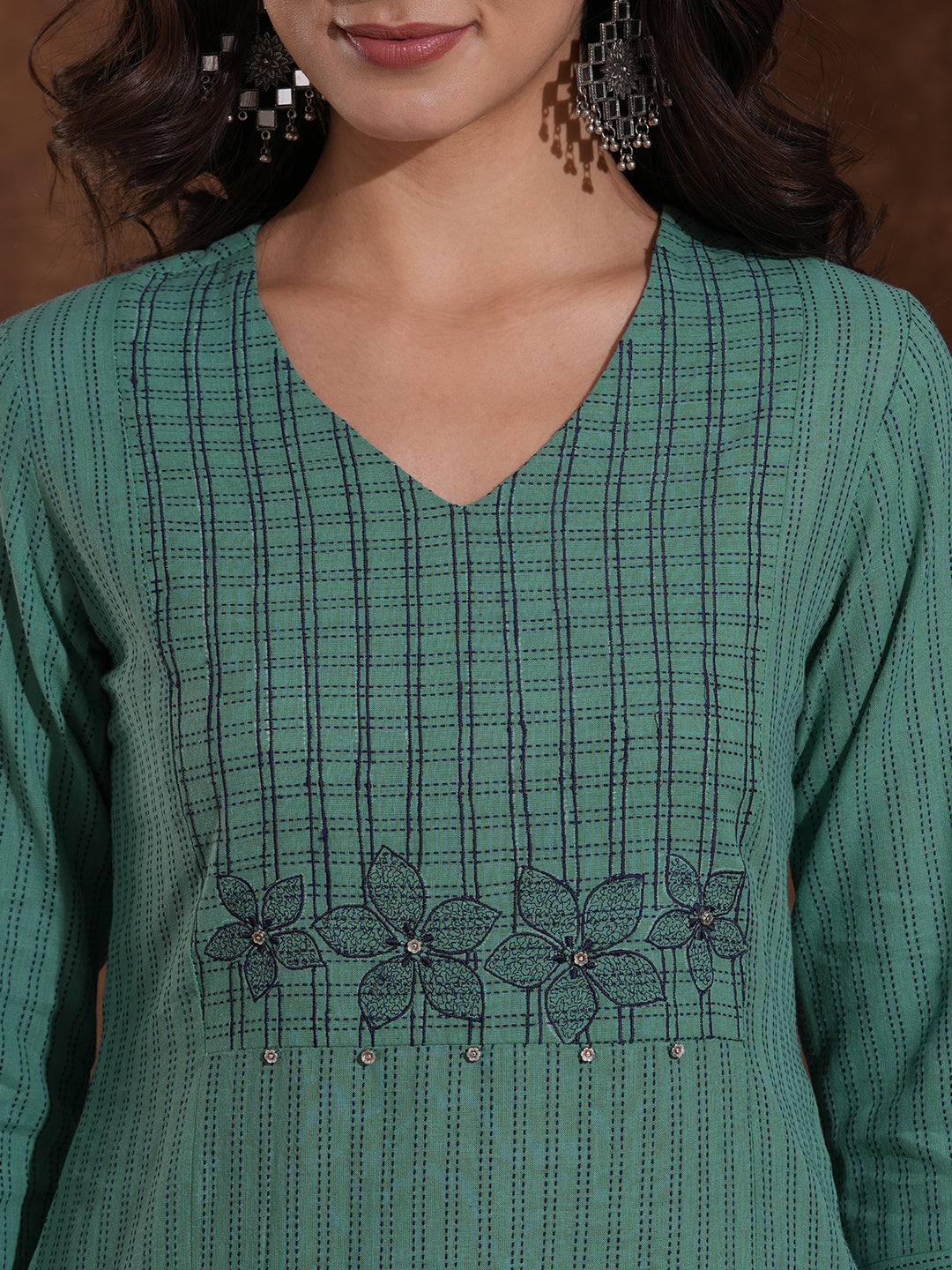 Straight Fit Cotton Dobby Striped Kurta with Princess Shoulder and Embroidered Yoke