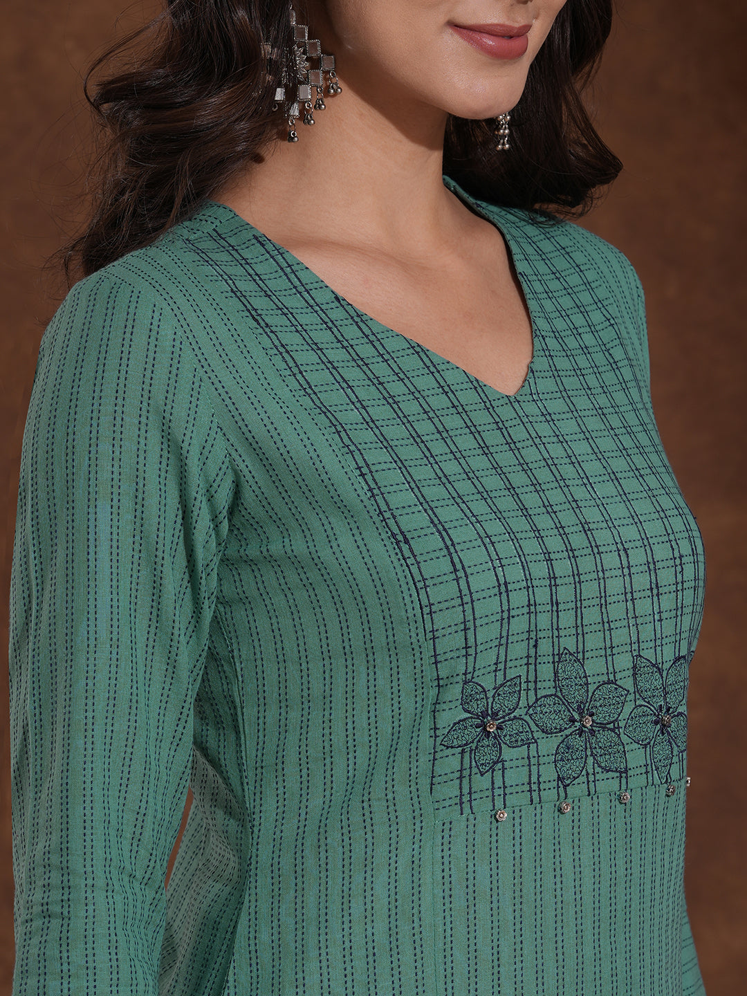 Straight Fit Cotton Dobby Striped Kurta with Princess Shoulder and Embroidered Yoke