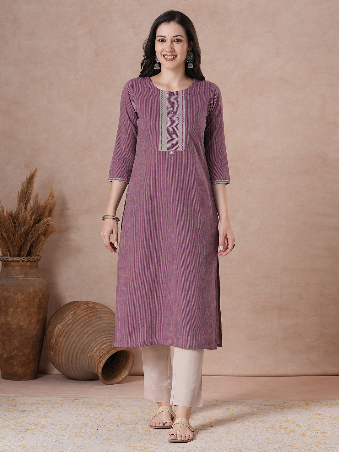 Striped Woven Kurta with Block Print Yoke & Mirror Handwork Detail.