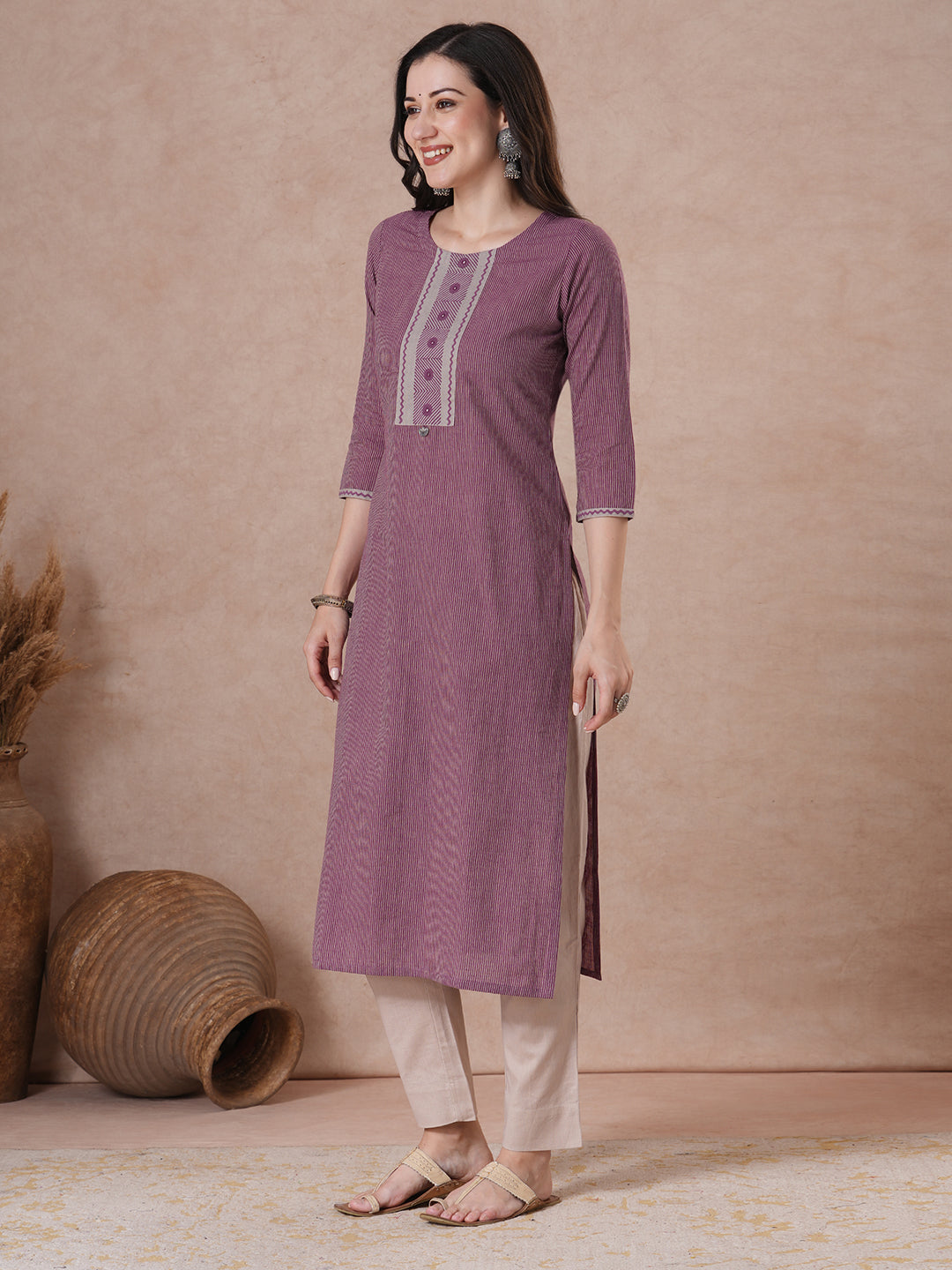 Straight Striped Cotton Kurta in Woven Fabric with Block Print Yoke and Mirror Handwork