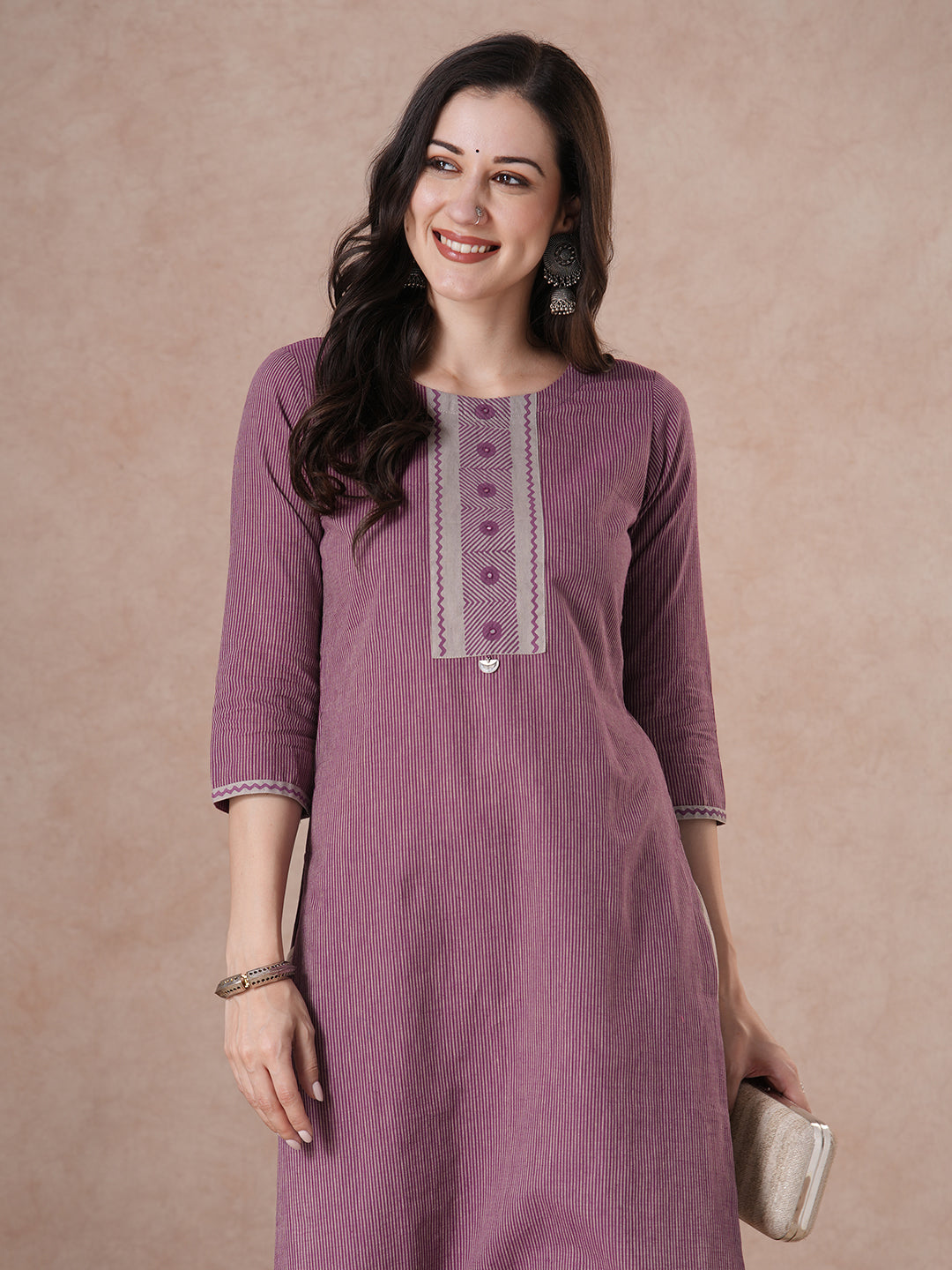 Straight Striped Cotton Kurta in Woven Fabric with Block Print Yoke and Mirror Handwork