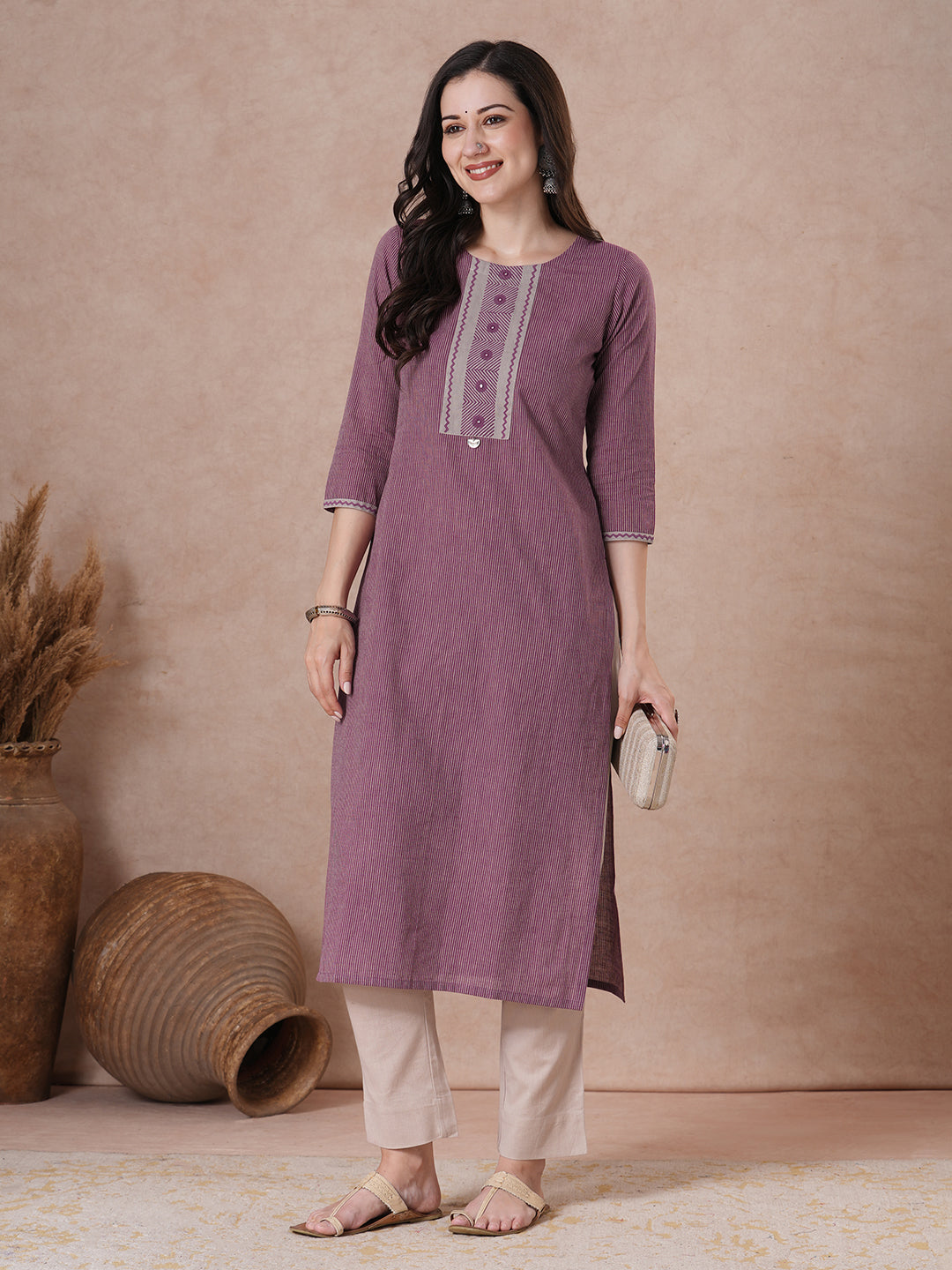 Straight Striped Cotton Kurta in Woven Fabric with Block Print Yoke and Mirror Handwork