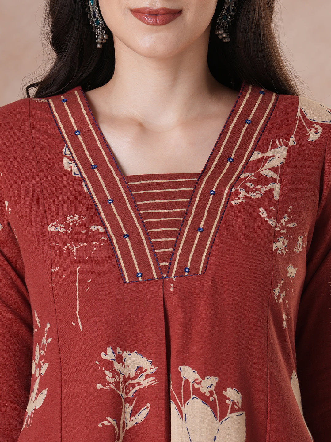 Botanical Print A-Line Kurta with Striped Trim & Handwork Detail.