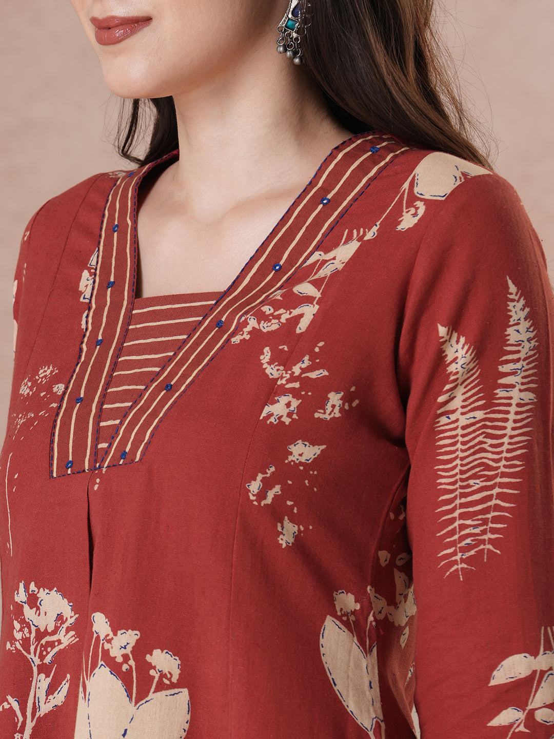 Botanical Print A-Line Kurta with Striped Trim & Handwork Detail.
