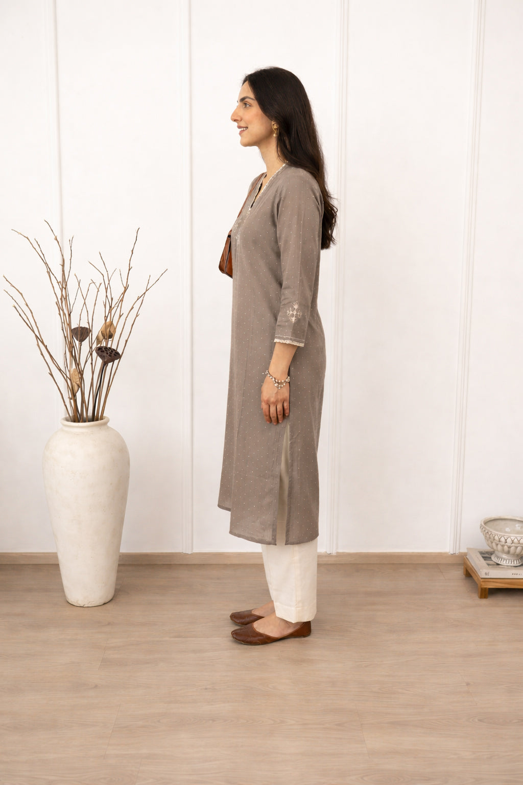 Straight Fit Cotton Dobby Kurta with Block Print & Handwork Detail.