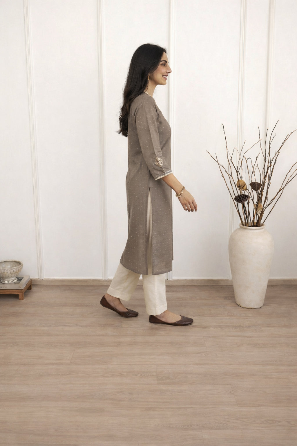 Straight Fit Cotton Dobby Kurta with Block Print & Handwork Detail.