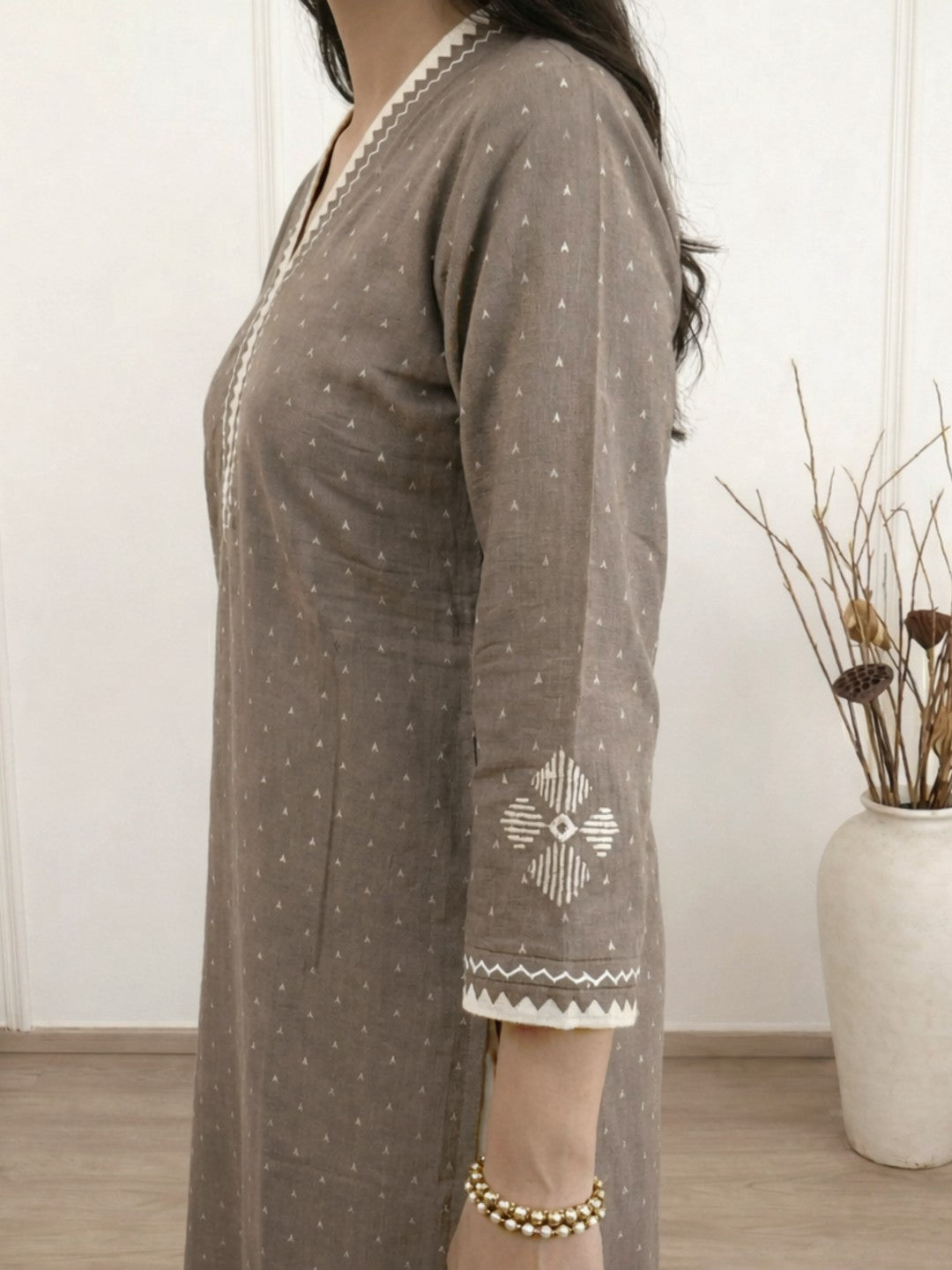 Straight Fit Cotton Dobby Kurta with Block Print & Handwork Detail.