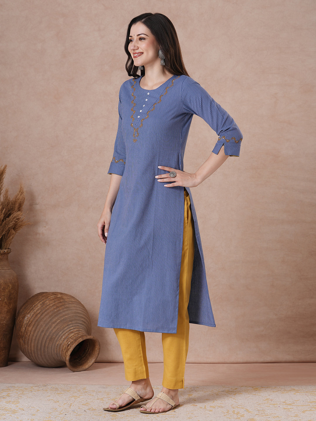 Striped Straight Kurta with V Bias Yoke Cordwork & Sequin Details.