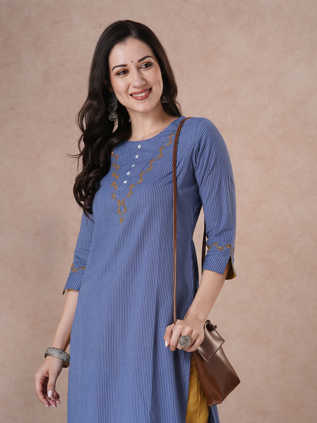 Striped Straight Kurta with V Bias Yoke Cordwork & Sequin Details.