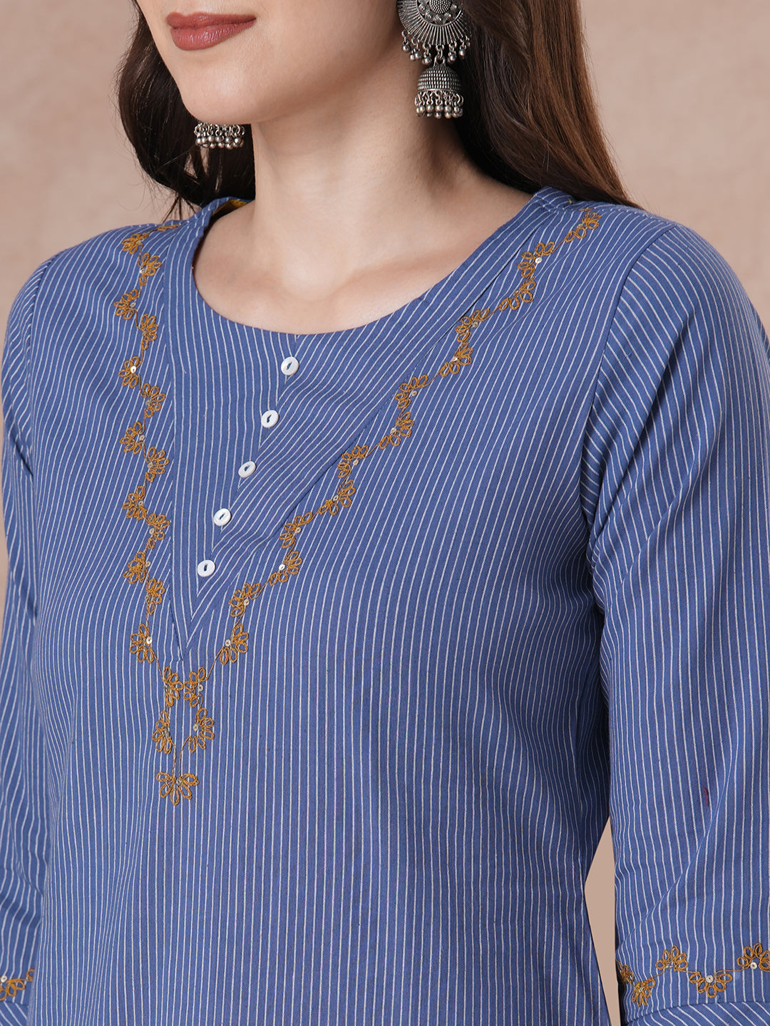 Striped Straight Kurta with V Bias Yoke Cordwork & Sequin Details.