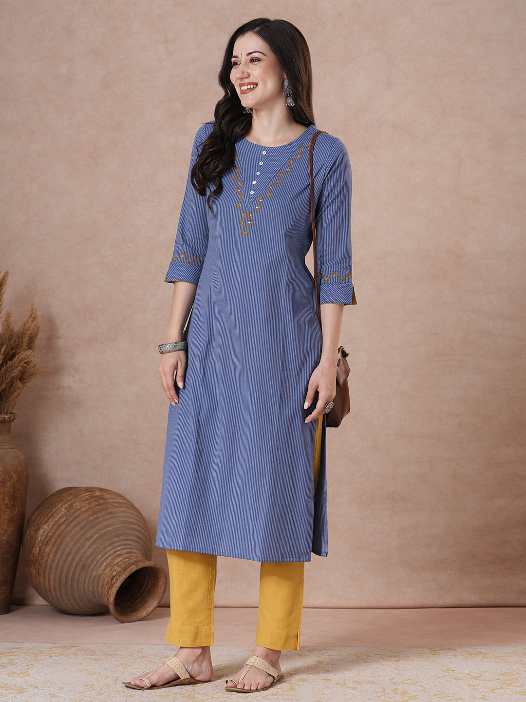 Striped Straight Kurta with V Bias Yoke Cordwork & Sequin Details.