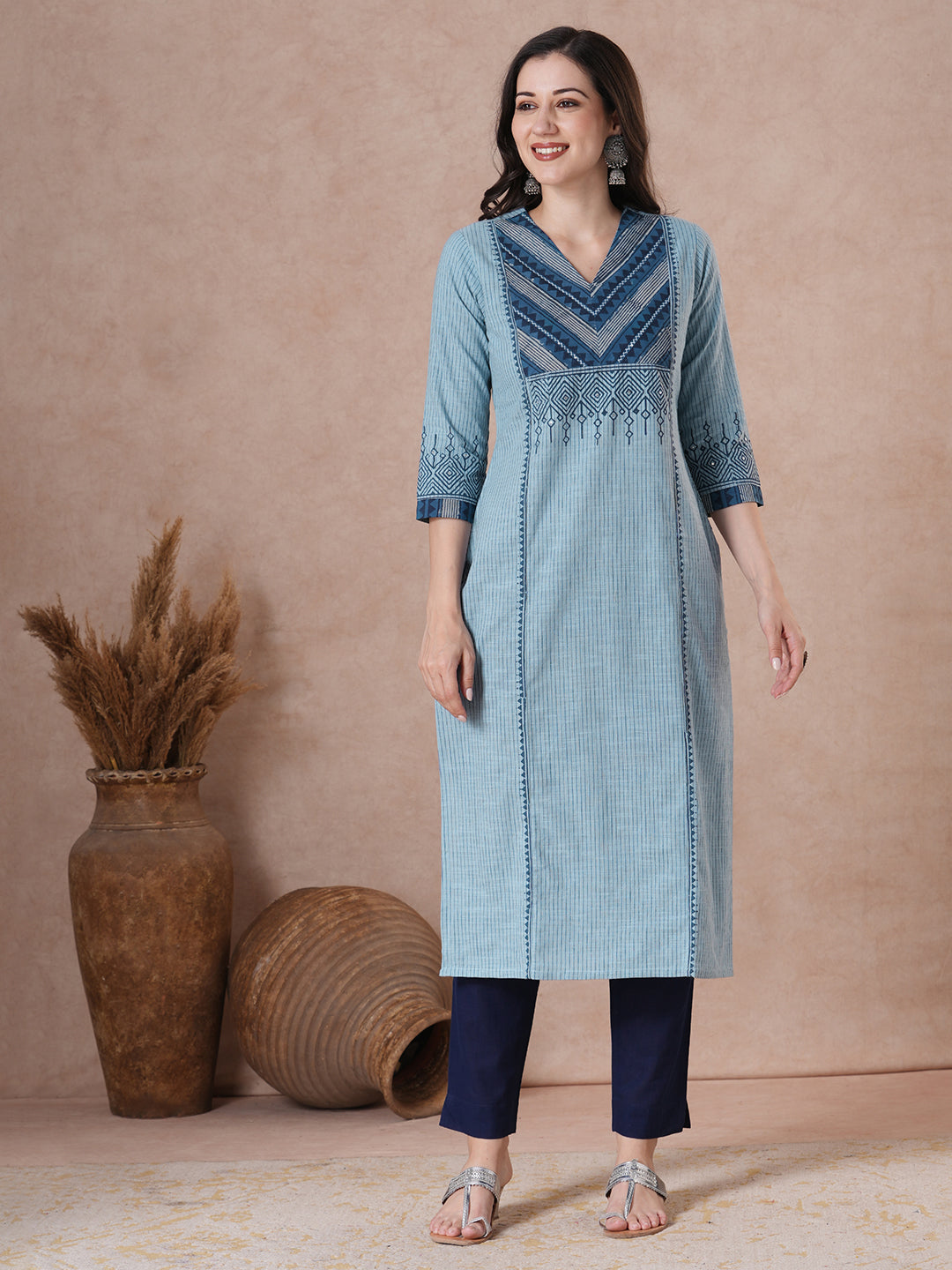 Striped Kurta with Dabu Print Yoke, Block Print & Handwork Detail.