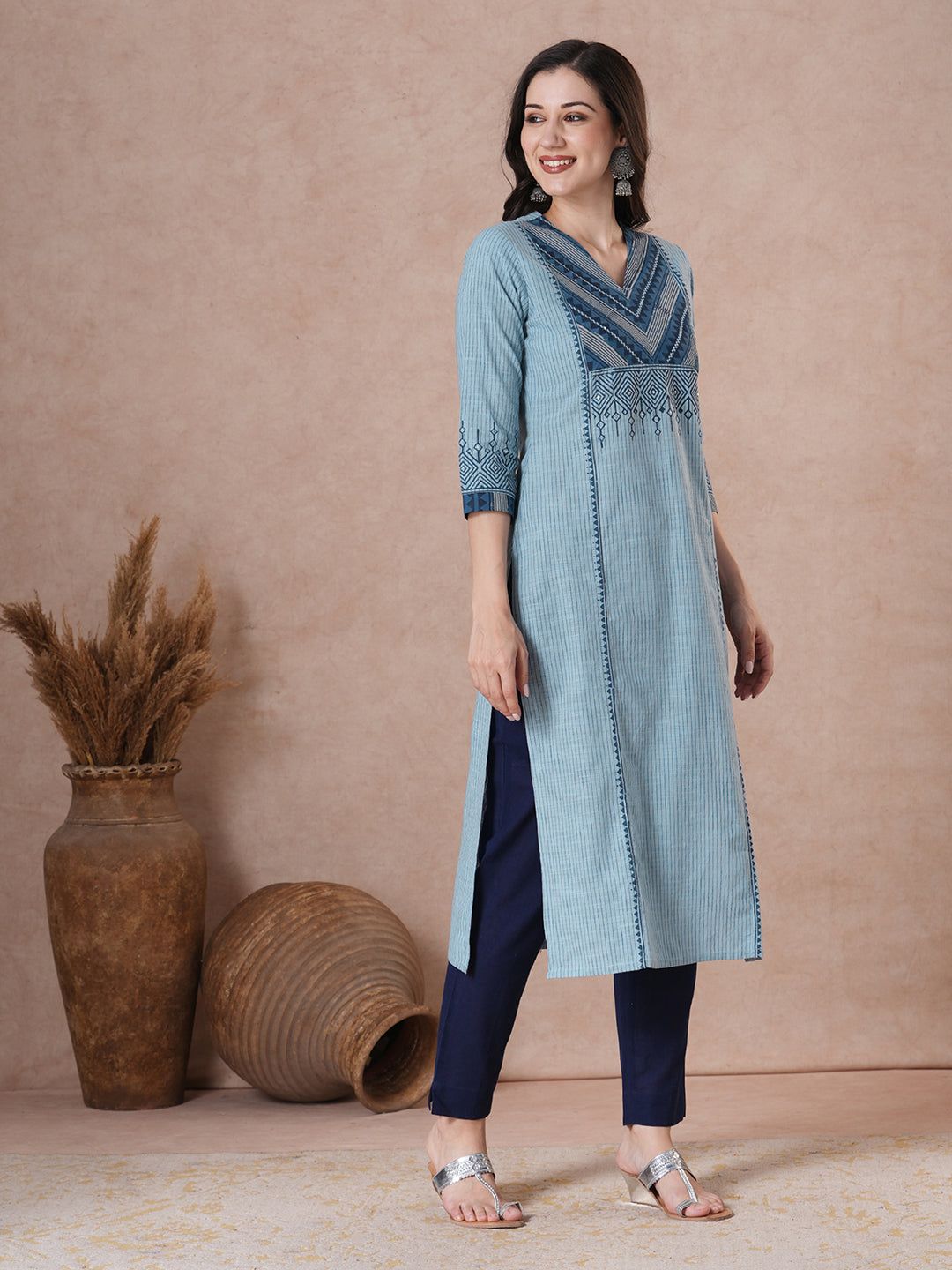 Plus size- Cotton Striped Straight Kurta Featuring Dabu Print Yoke, Block Print and Hand Embroidery Detail