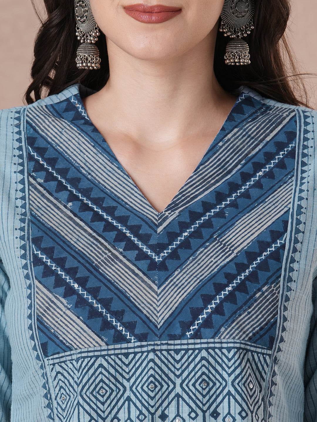 Plus size- Cotton Striped Straight Kurta Featuring Dabu Print Yoke, Block Print and Hand Embroidery Detail