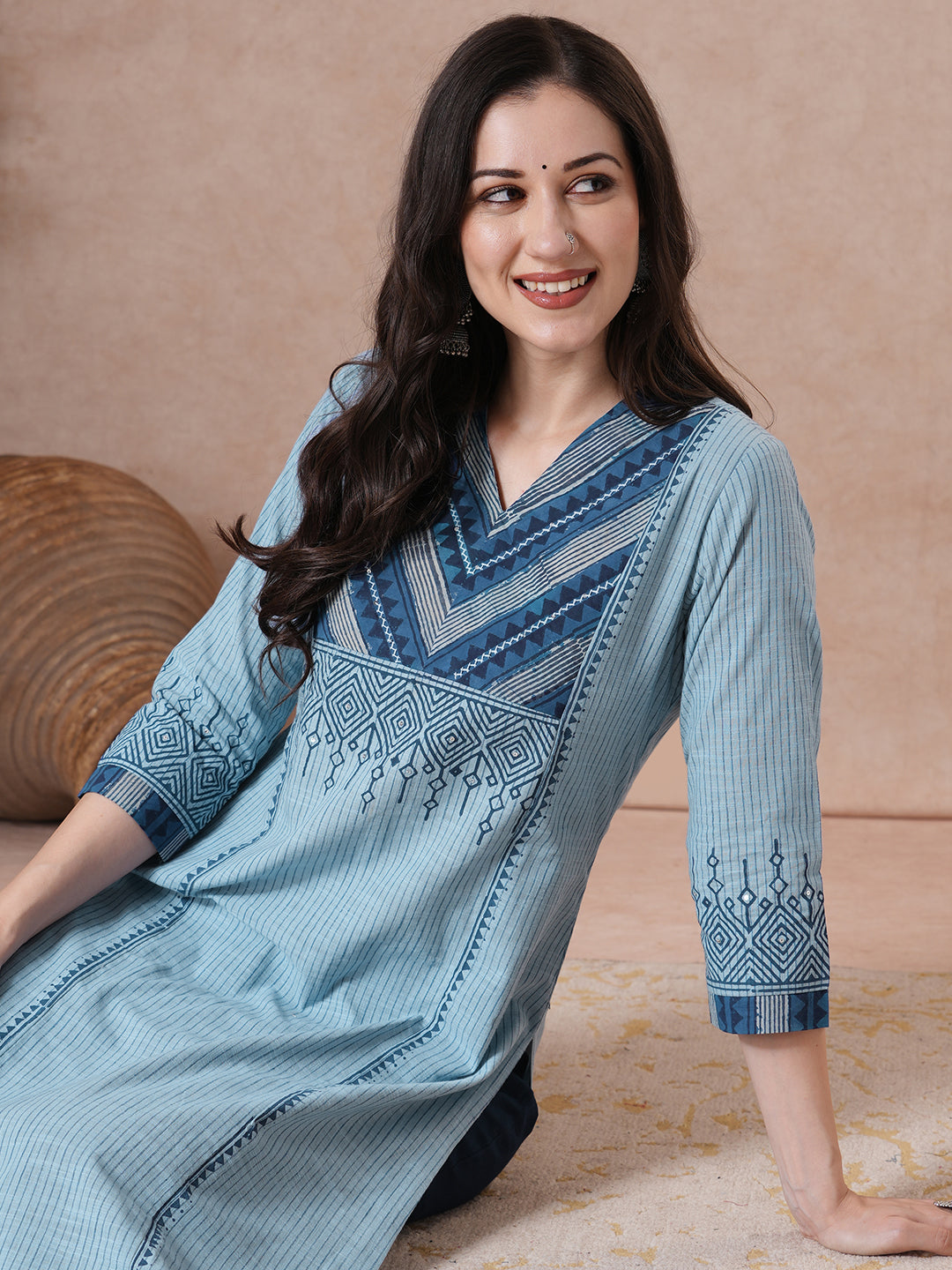 Plus size- Cotton Striped Straight Kurta Featuring Dabu Print Yoke, Block Print and Hand Embroidery Detail