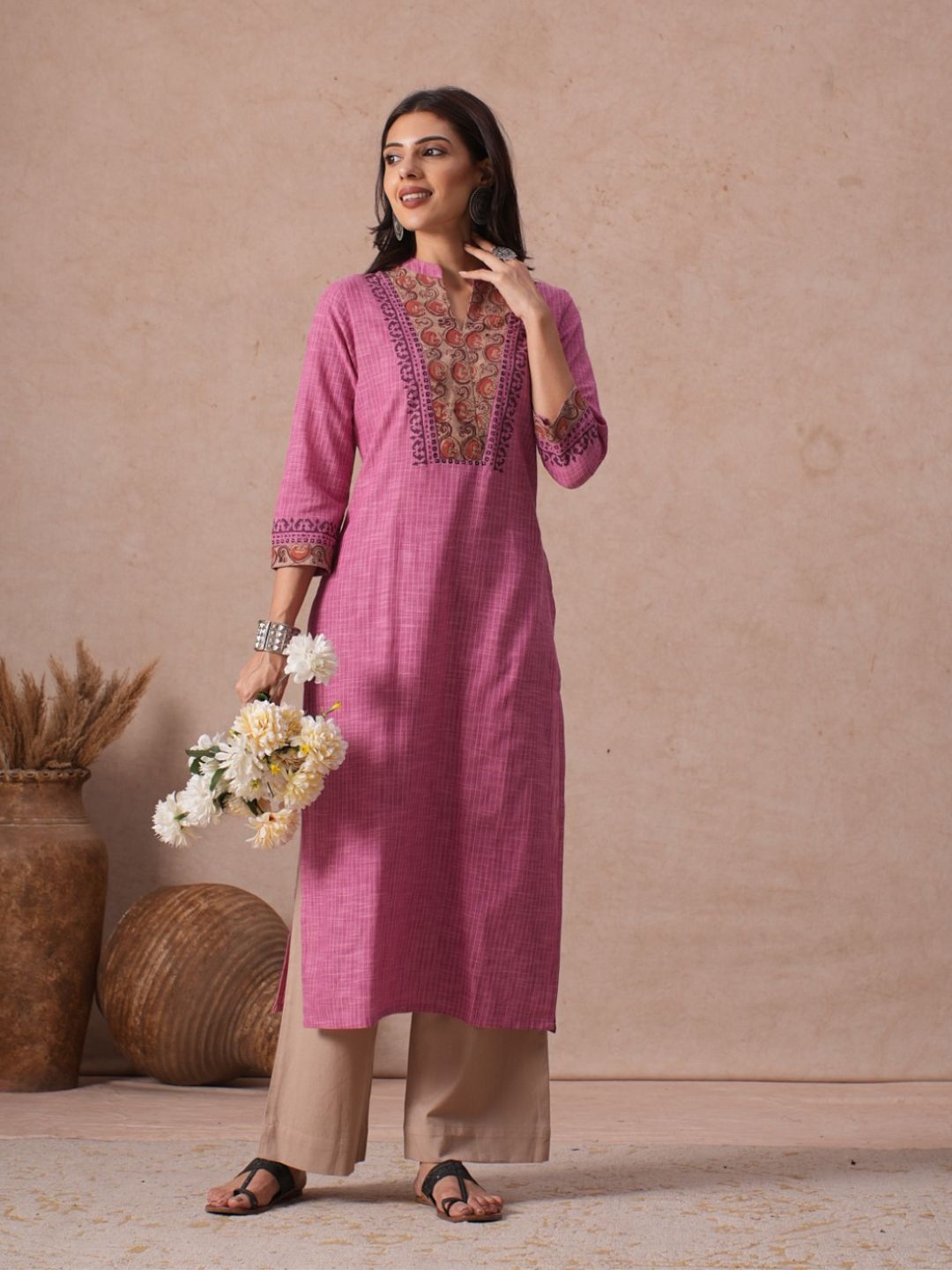 Straight Fit Woven Stripe Cotton Kurta with Kalamkari and Block Print Detailing.