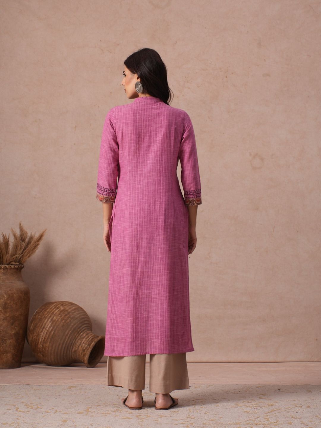 Straight Fit Woven Stripe Cotton Kurta with Kalamkari and Block Print Detailing.