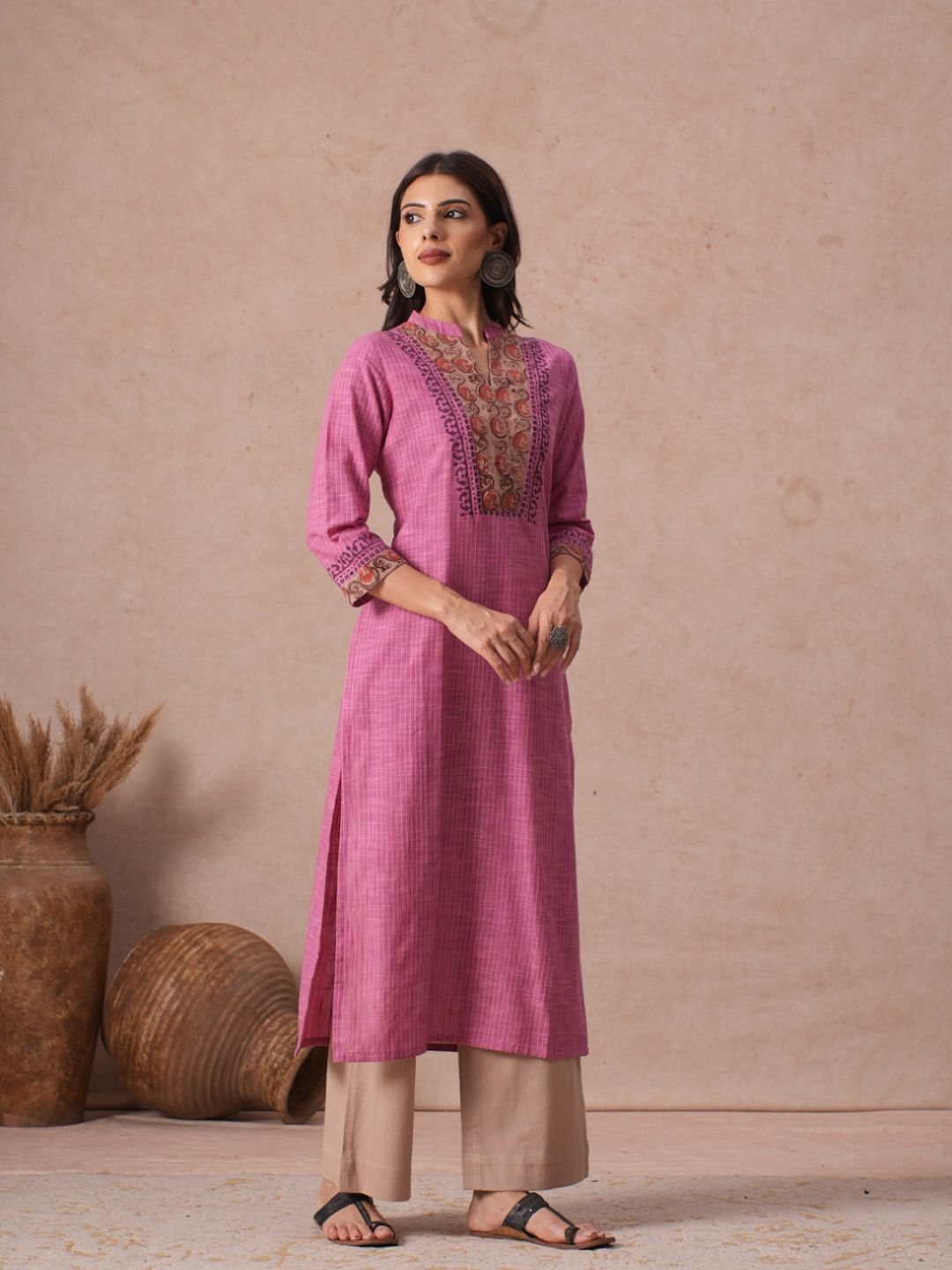 Straight Fit Woven Stripe Cotton Kurta with Kalamkari and Block Print Detailing.