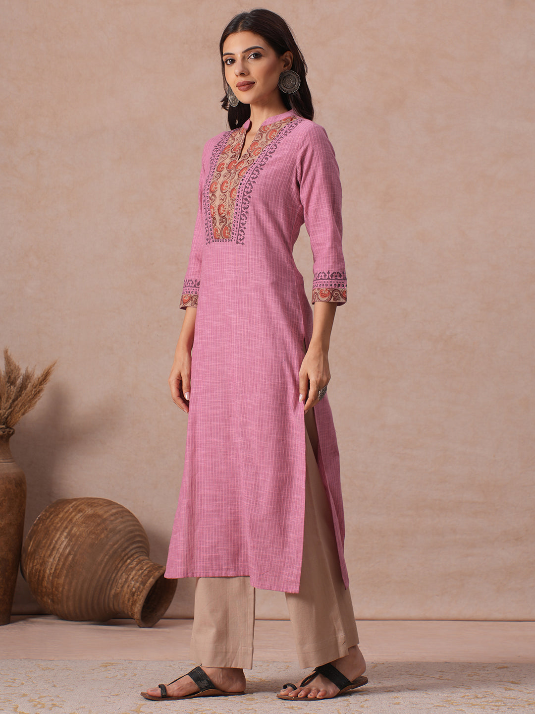 Straight Fit Woven Stripe Cotton Kurta with Kalamkari and Block Print Detailing.
