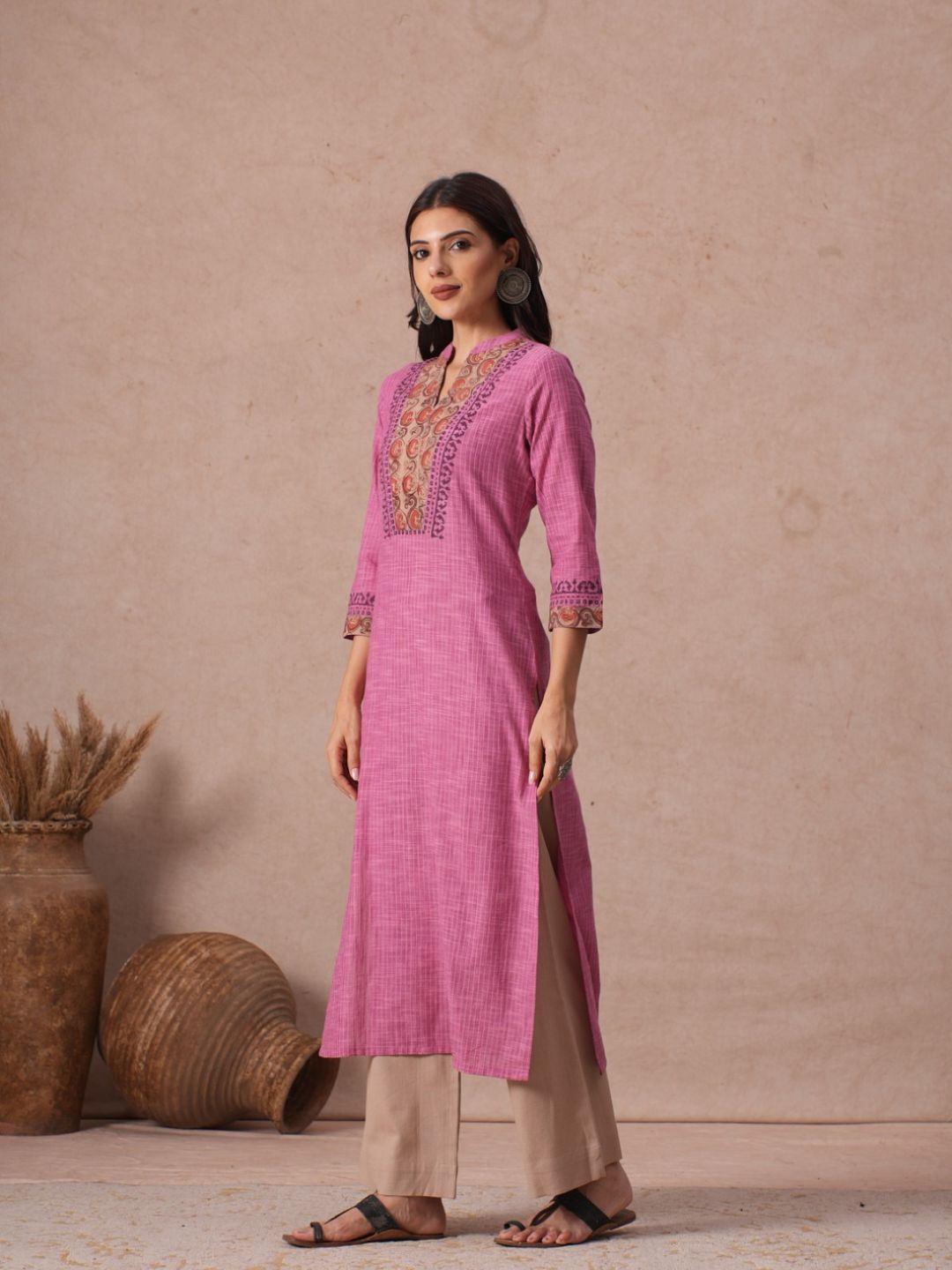 Straight Fit Woven Stripe Cotton Kurta with Kalamkari and Block Print Detailing.