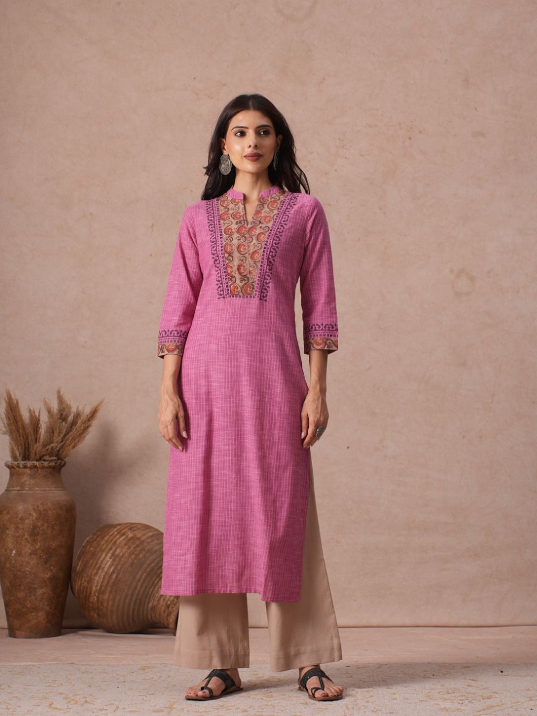Straight Fit Woven Stripe Cotton Kurta with Kalamkari and Block Print Detailing.