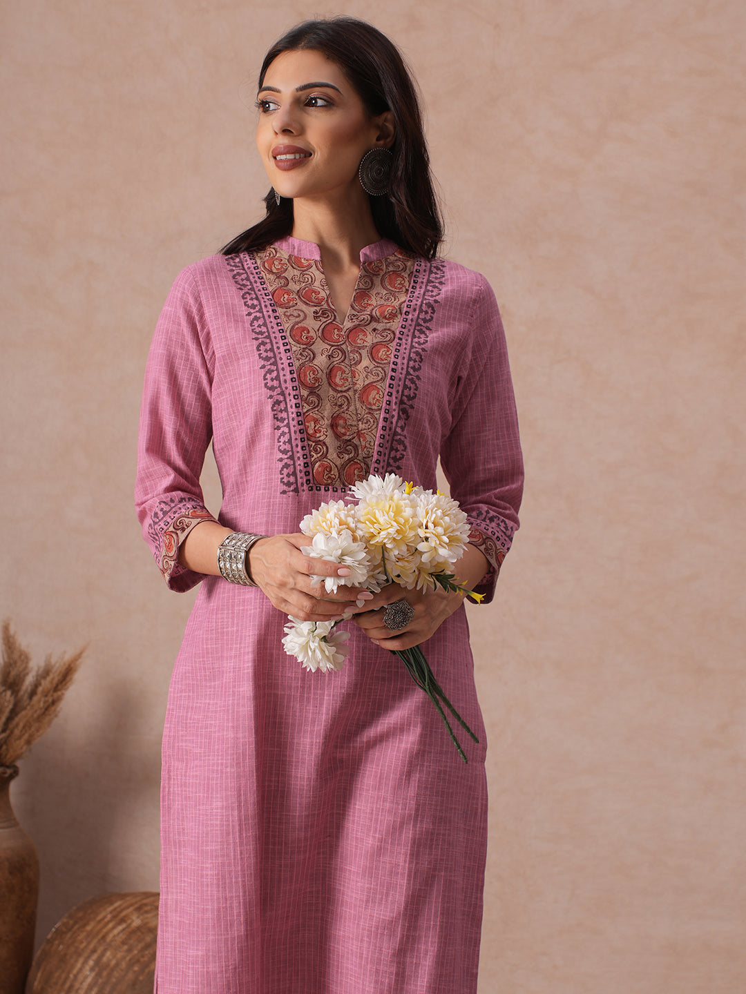 Straight Fit Woven Stripe Cotton Kurta with Kalamkari and Block Print Detailing.
