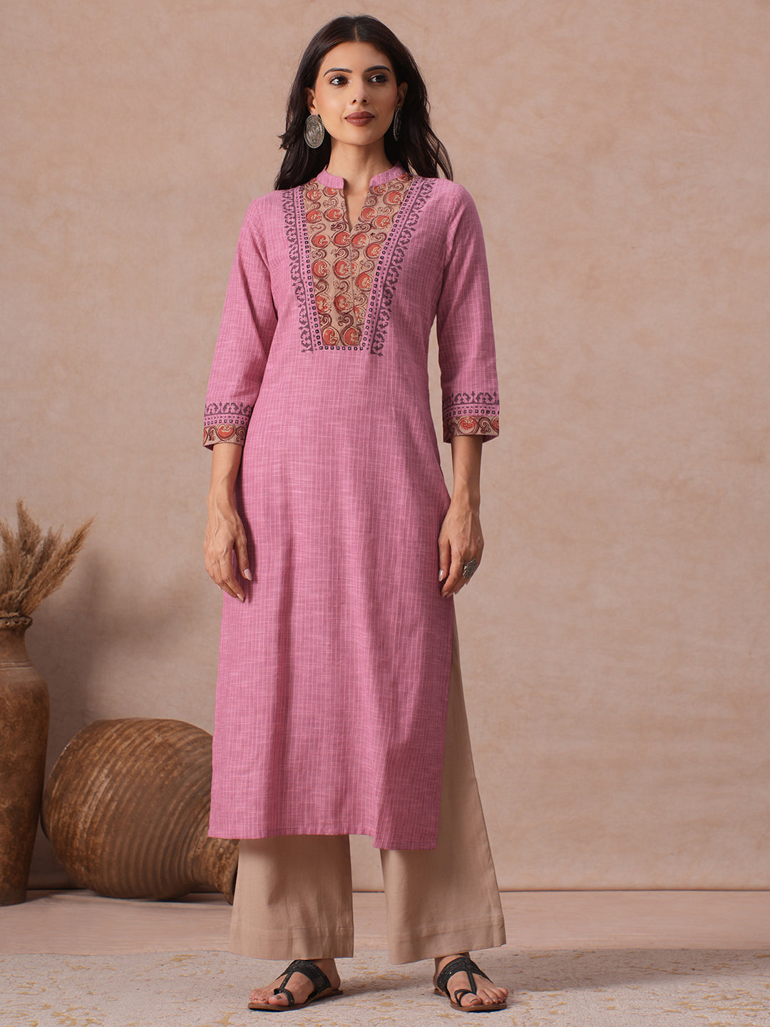 Straight Fit Woven Stripe Cotton Kurta with Kalamkari and Block Print Detailing.