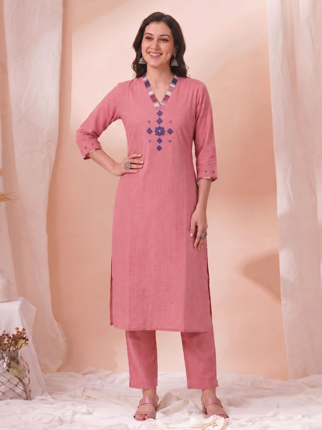 Straight Fit Dobby Kurta with Contrast Block Printed Yoke and Mirror Work.