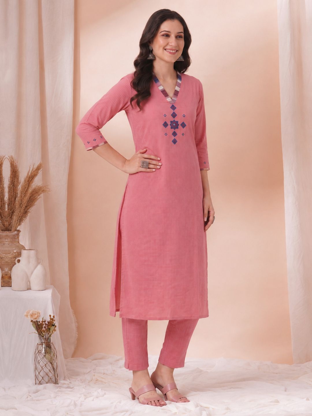 Straight Fit Dobby Kurta with Contrast Block Printed Yoke and Mirror Work.