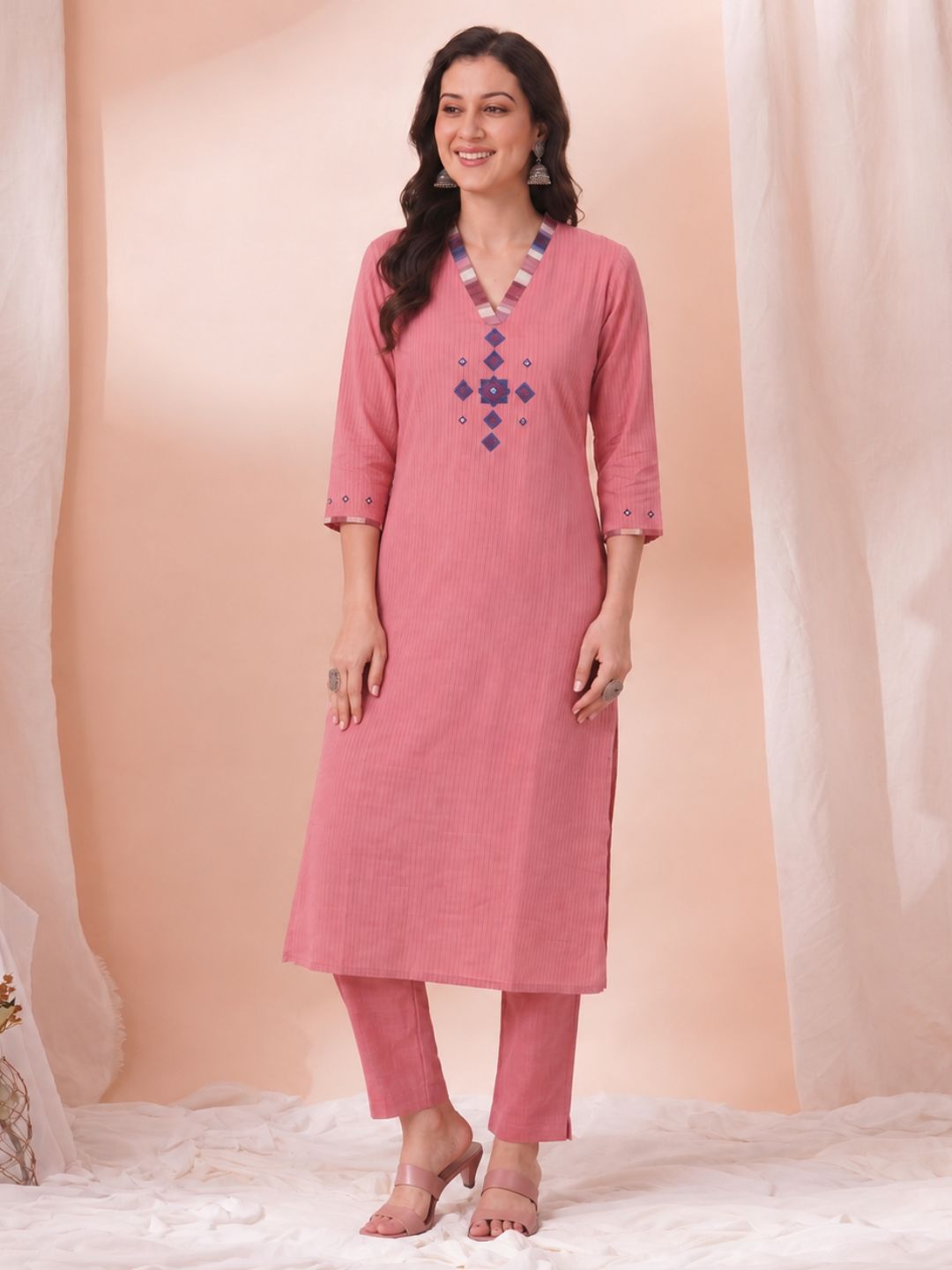 Straight Fit Dobby Kurta with Contrast Block Printed Yoke and Mirror Work.