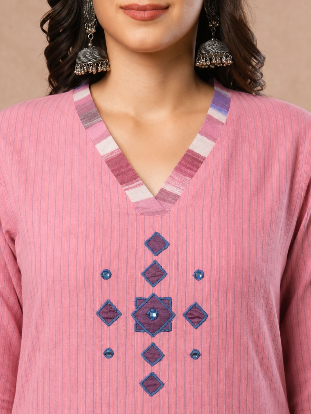 Straight Fit Dobby Kurta with Contrast Block Printed Yoke and Mirror Work.