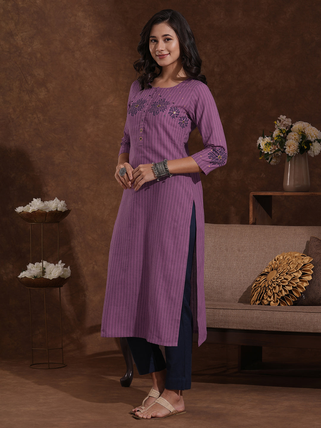 Straight Fit Kurta in Cotton Kantha Stripes with Block Print and Mirror Work on Neck and Sleeves