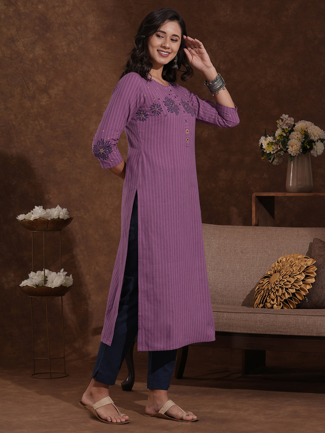 Straight Fit Kurta in Cotton Kantha Stripes with Block Print and Mirror Work on Neck and Sleeves