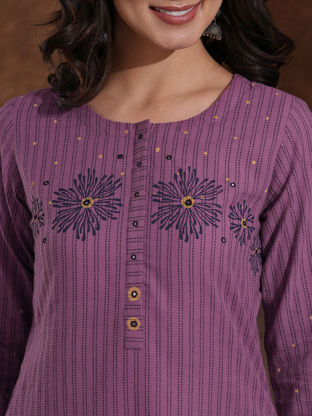 Straight Fit Kurta in Cotton Kantha Stripes with Block Print and Mirror Work on Neck and Sleeves