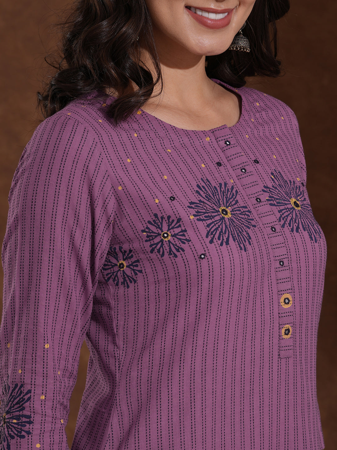 Straight Fit Kurta in Cotton Kantha Stripes with Block Print and Mirror Work on Neck and Sleeves