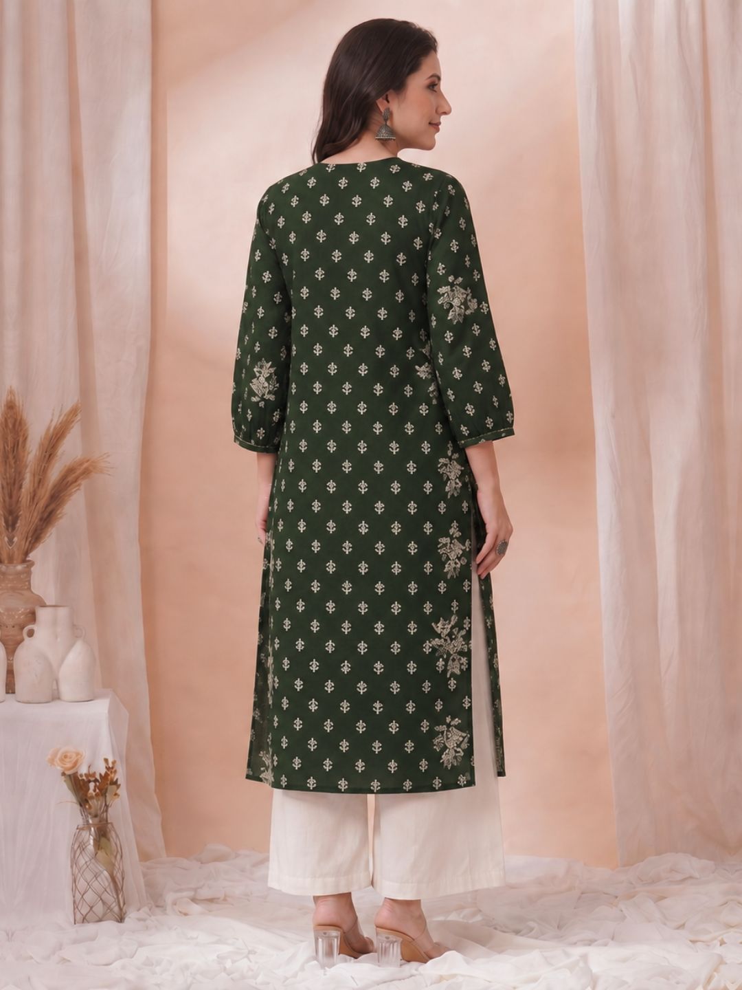 A-Line Cotton Slub Kurta with Floral Print, Handwork & Gathered Yoke.
