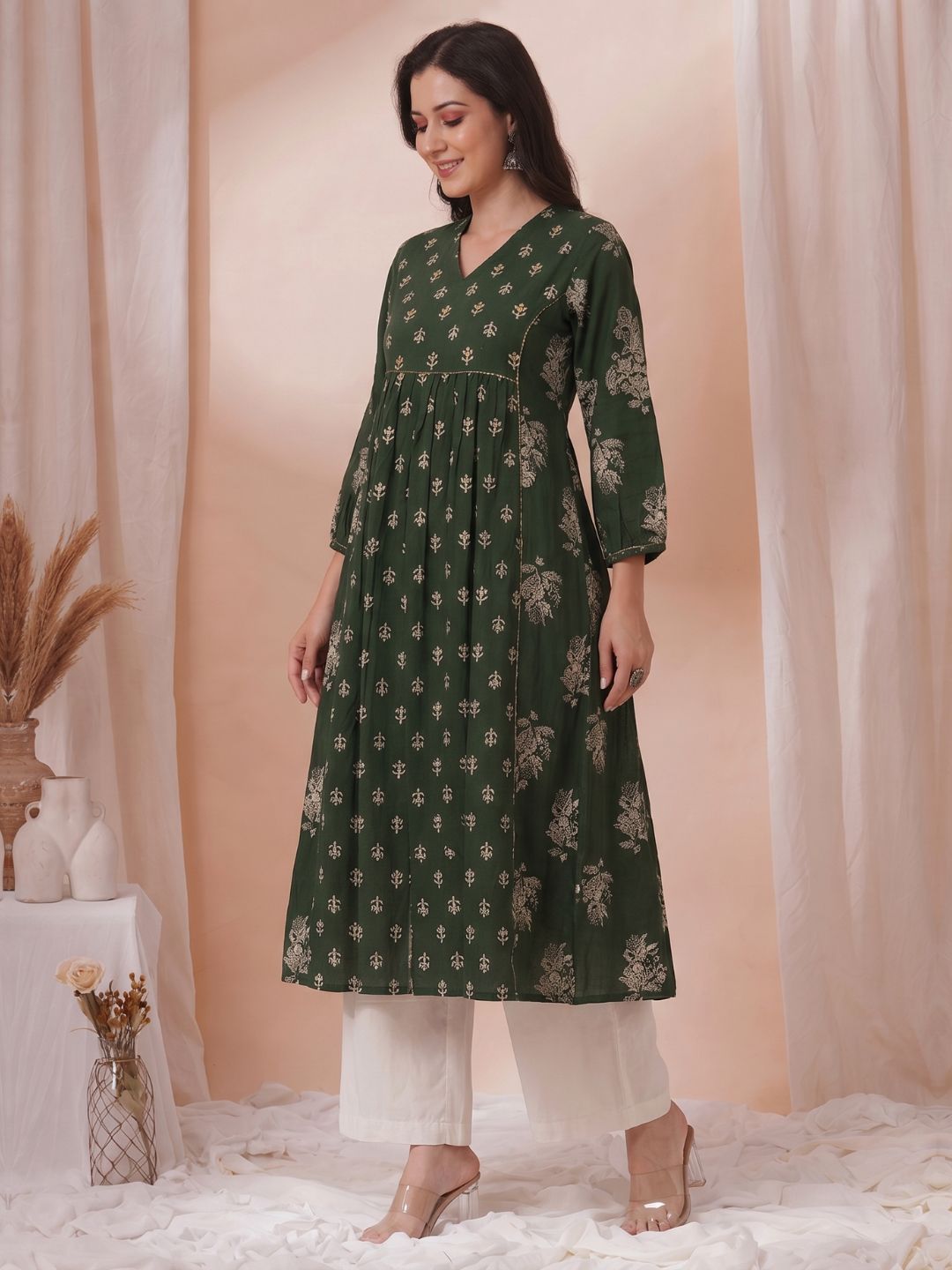A-Line Cotton Slub Kurta with Floral Print, Handwork & Gathered Yoke.