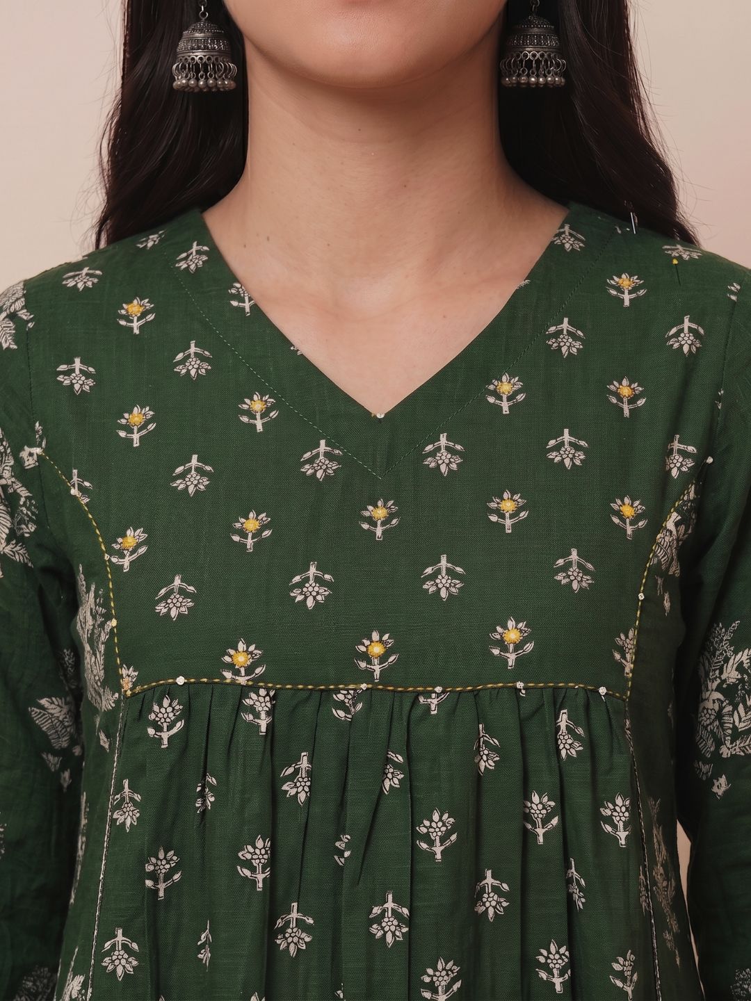A-Line Cotton Slub Kurta with Floral Print, Handwork & Gathered Yoke.