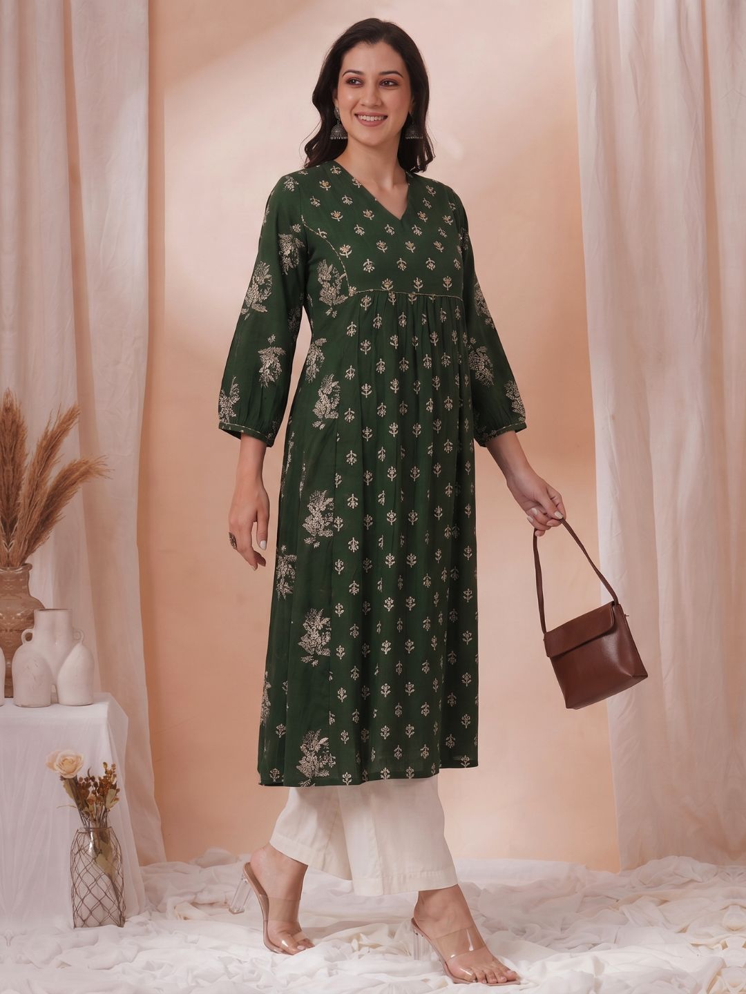 A-Line Cotton Slub Kurta with Floral Print, Handwork & Gathered Yoke.