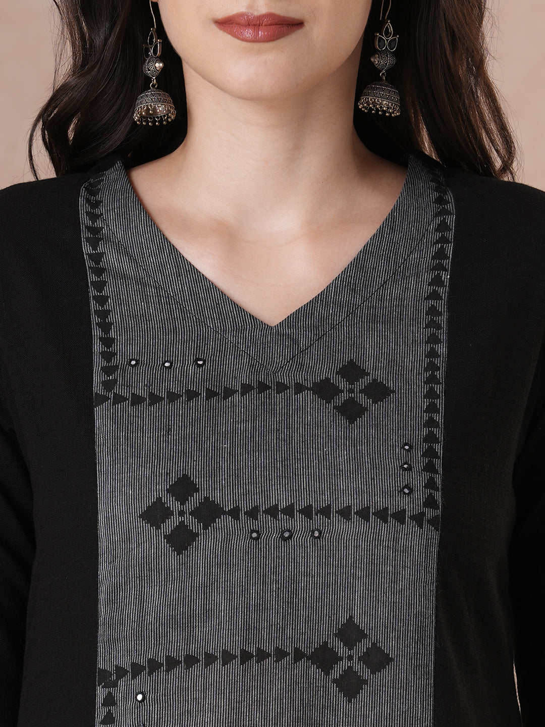 A-Line Cotton Kurta with Block Print Panel, Mirror Work and Coordinated Contrast Accents