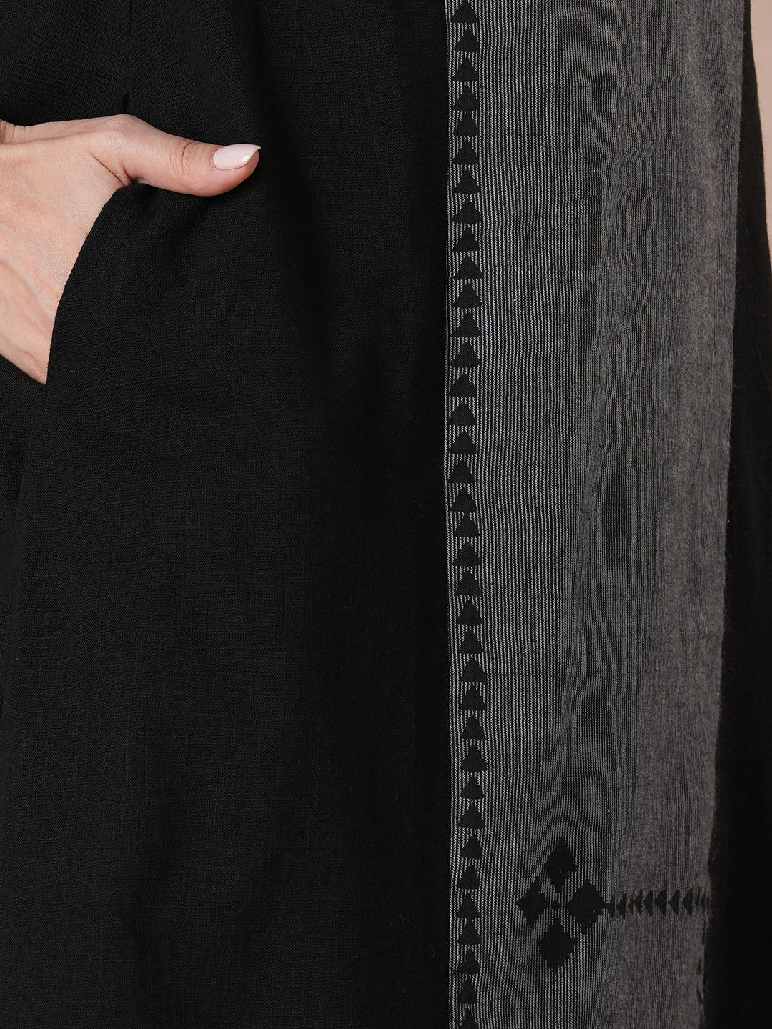 A-Line Cotton Kurta with Block Print Panel, Mirror Work and Coordinated Contrast Accents